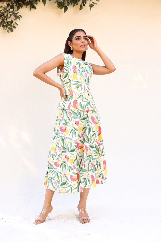 Leafy print midi skirt with sleeveless blazer set