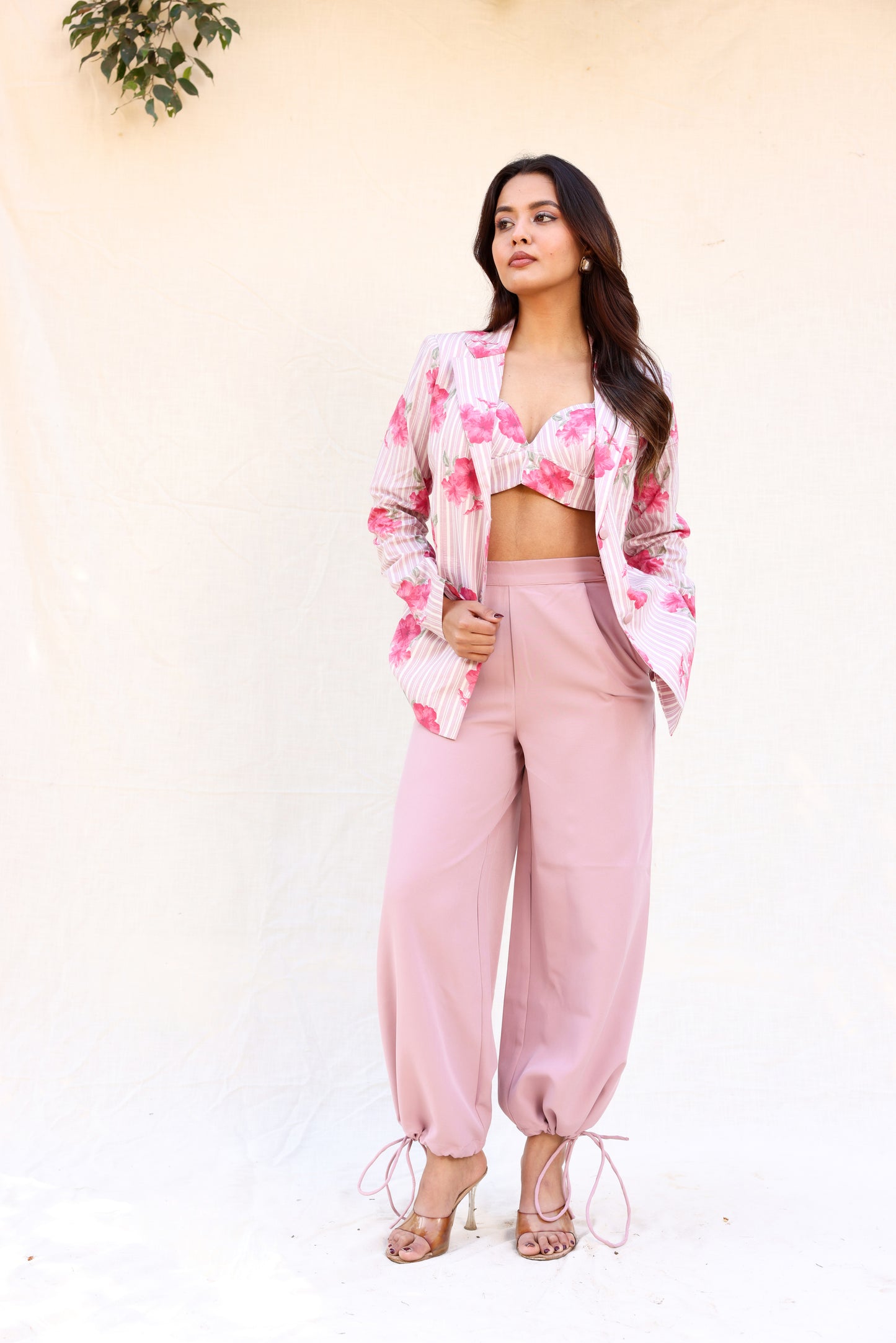 Drawstring pants with bustier & blazer