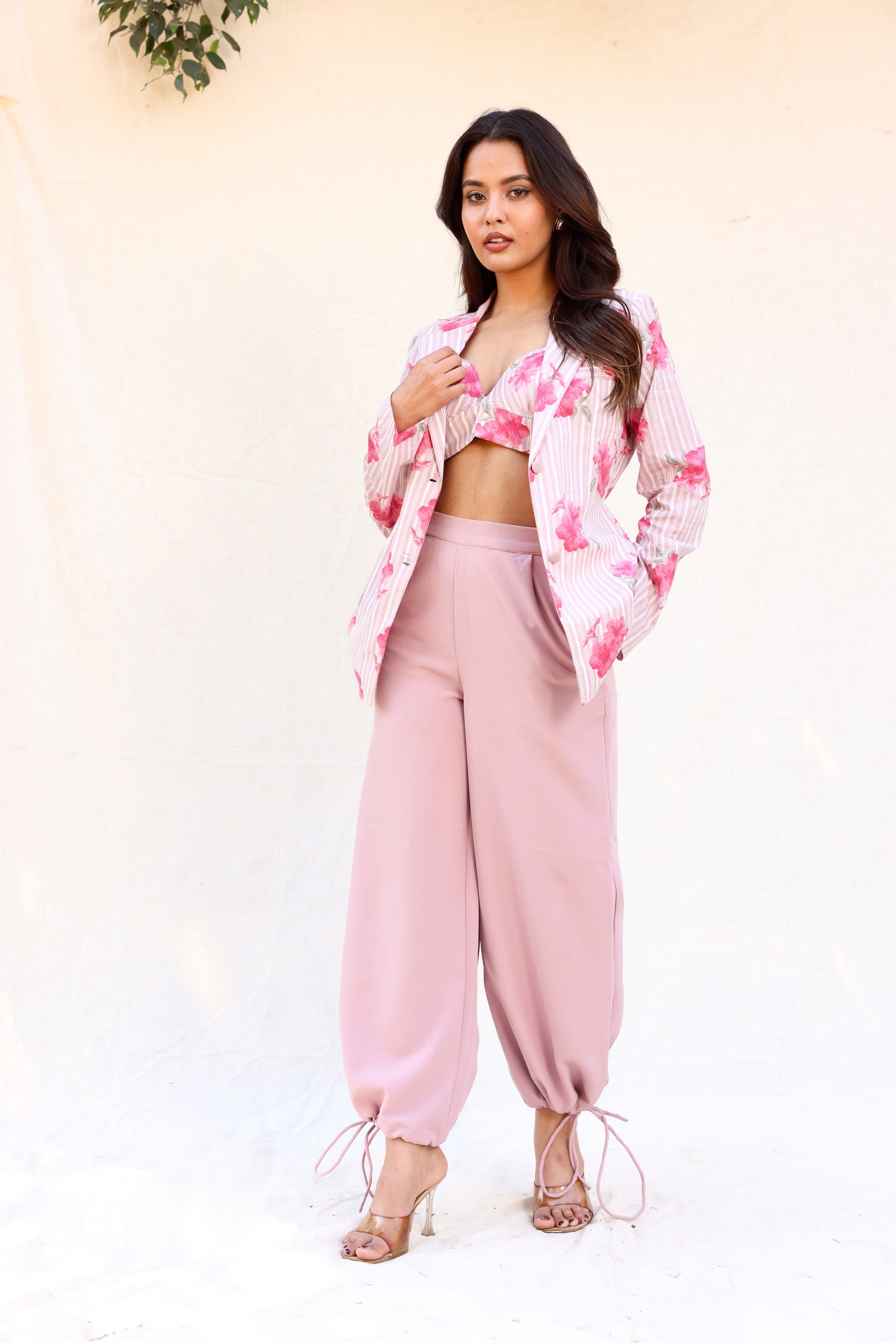 Drawstring pants with bustier & blazer