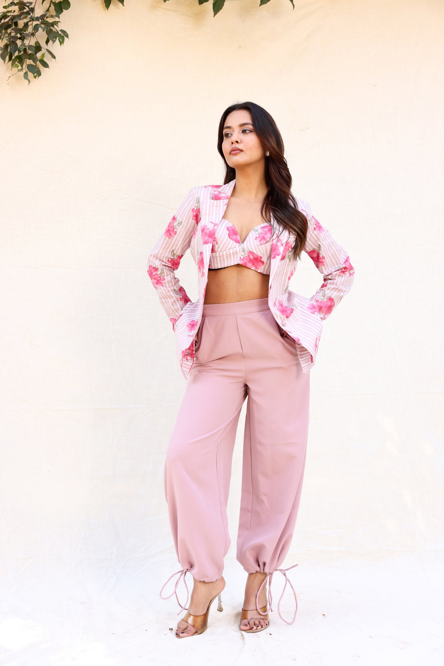 Drawstring pants with bustier & blazer