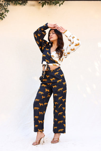 Tiger print overlapped tie knot crop top with pants set