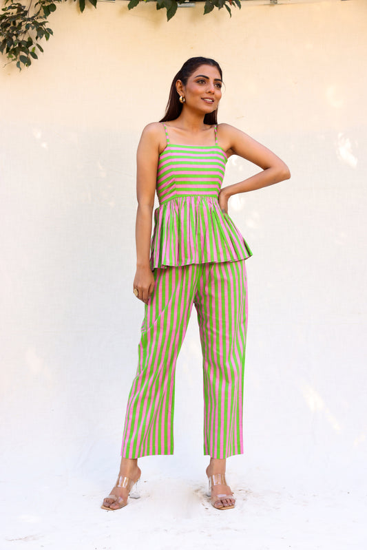 Contrast stripped strappy peplum top with straight pants set