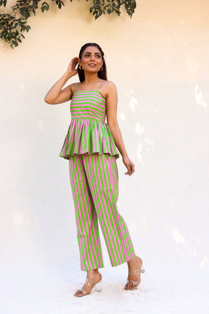 Contrast stripped strappy peplum top with straight pants set