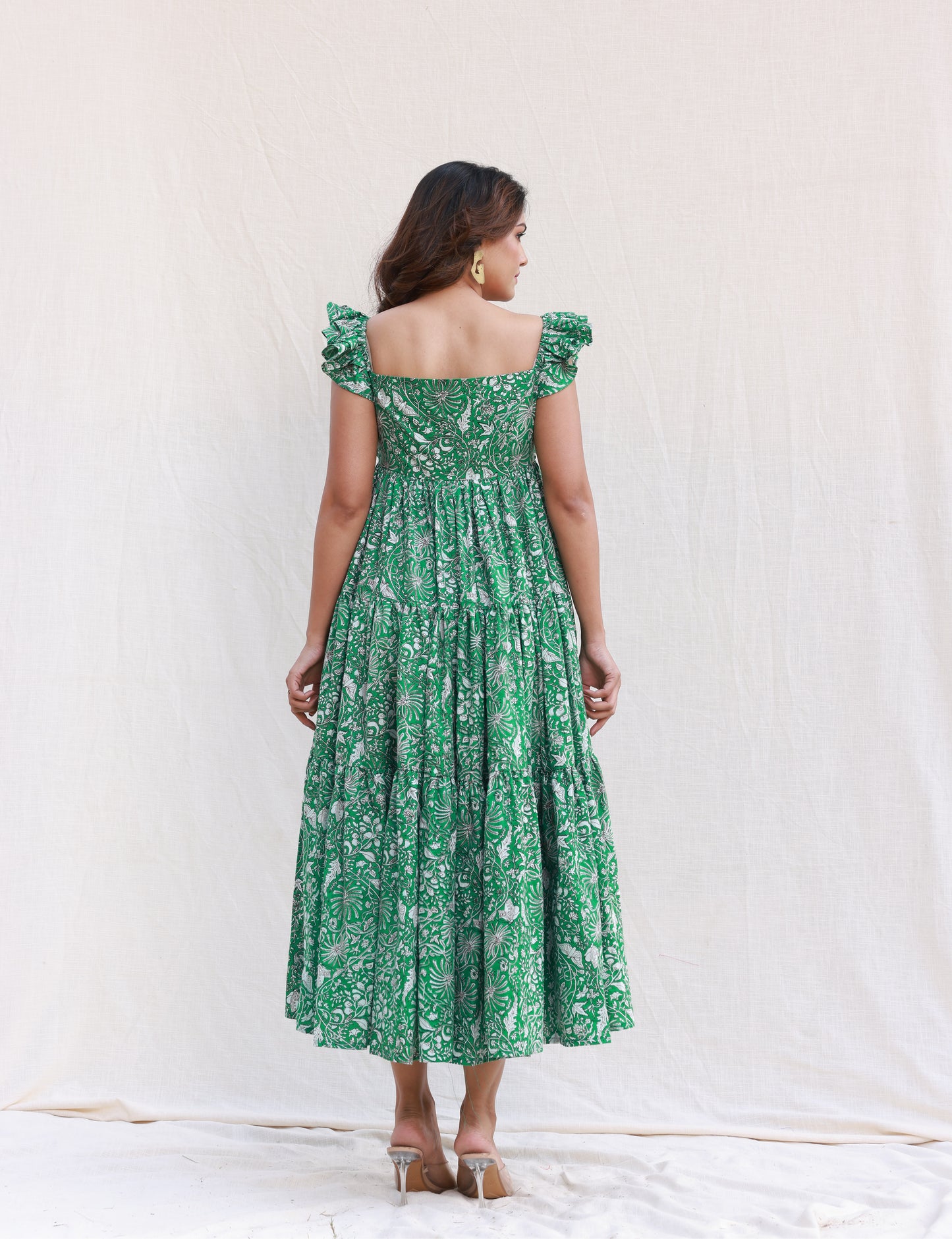 Green printed ruffle sleeve tier maxi