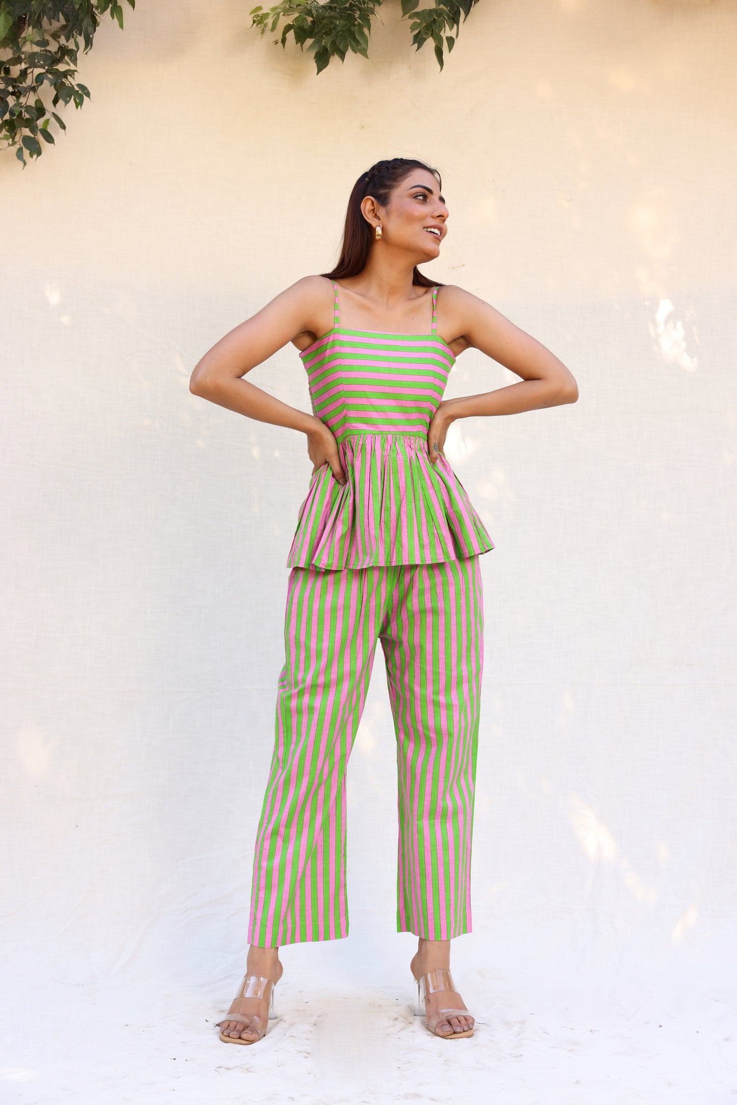 Contrast stripped strappy peplum top with straight pants set