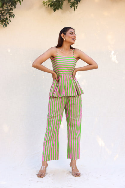 Contrast stripped strappy peplum top with straight pants set