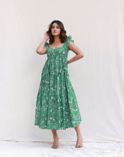 Green printed ruffle sleeve tier maxi