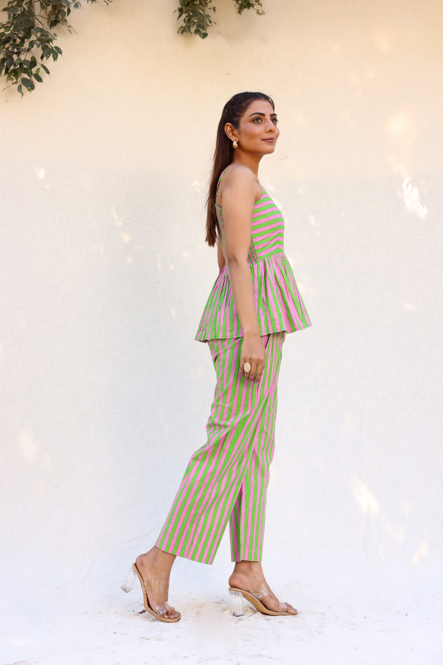 Contrast stripped strappy peplum top with straight pants set