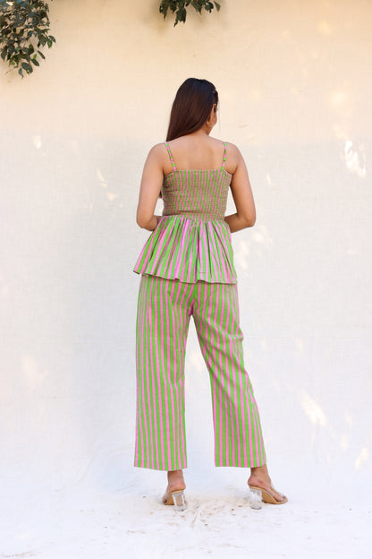 Contrast stripped strappy peplum top with straight pants set