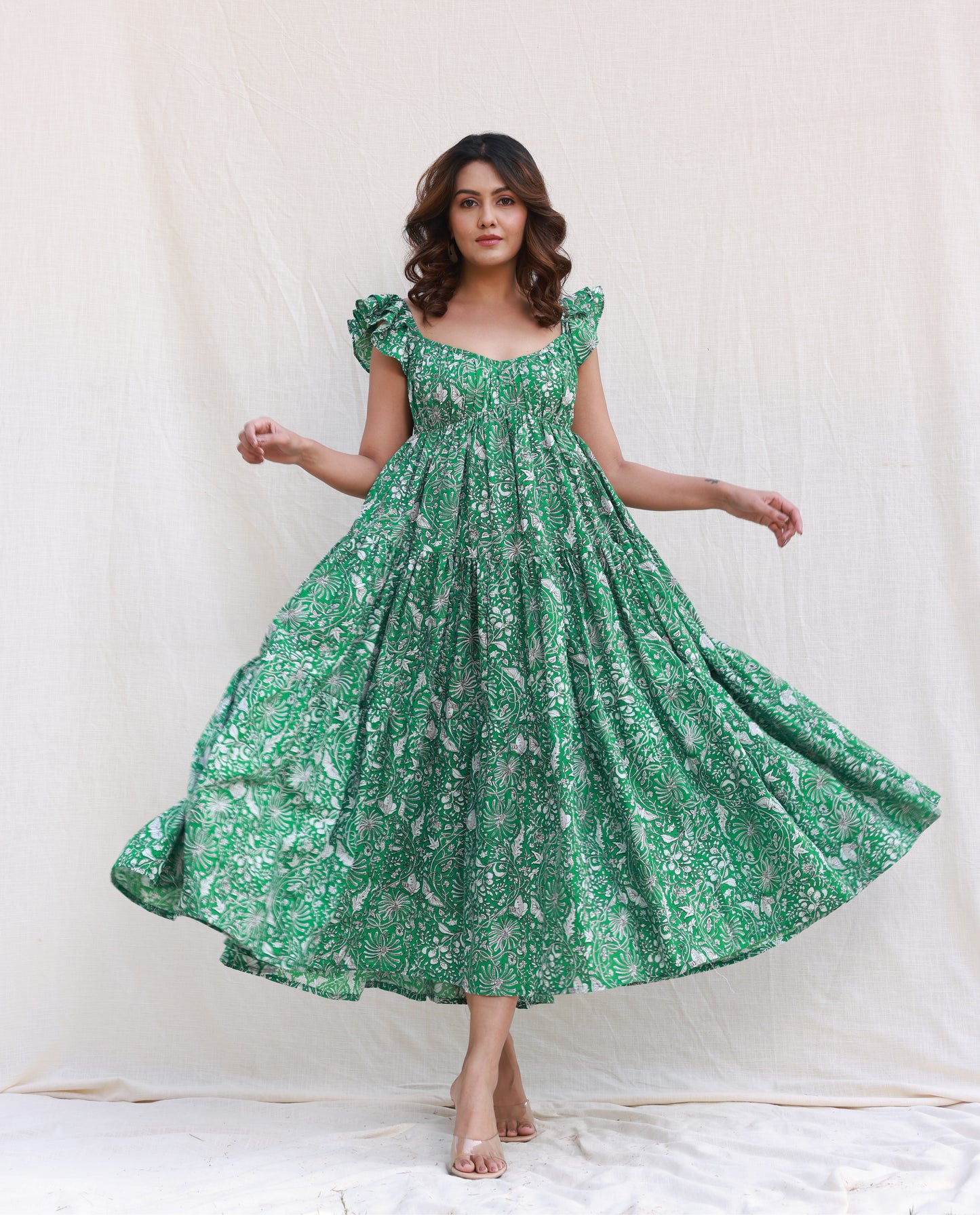 Green printed ruffle sleeve tier maxi
