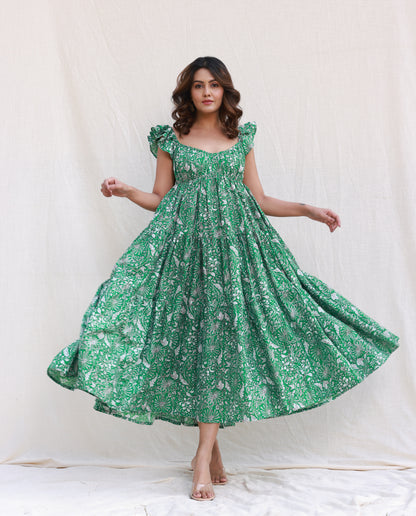 Green printed ruffle sleeve tier maxi