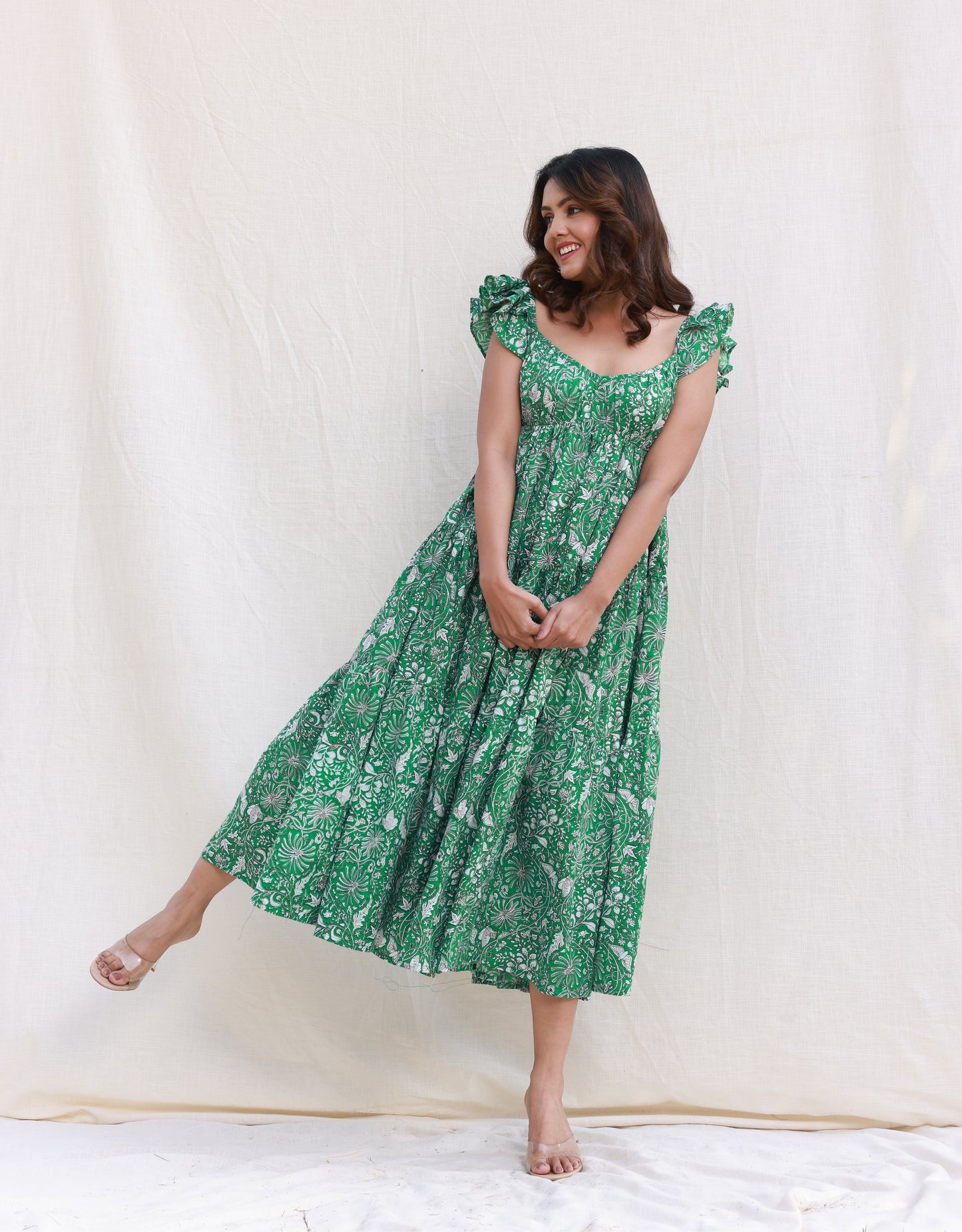 Green printed ruffle sleeve tier maxi