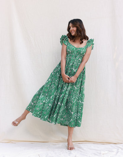 Green printed ruffle sleeve tier maxi
