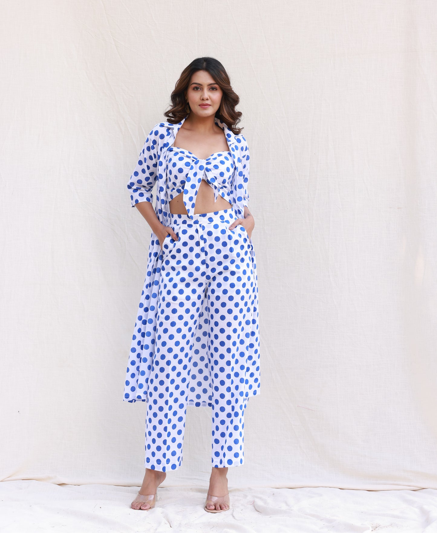 Blue Polka Dot Crop Top Co-ord Set with Shrug and Pants