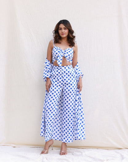 Blue Polka Dot Crop Top Co-ord Set with Shrug and Pants