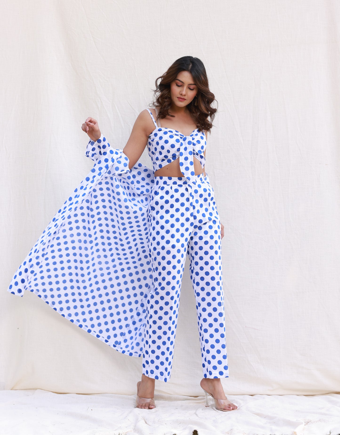 Blue Polka Dot Crop Top Co-ord Set with Shrug and Pants