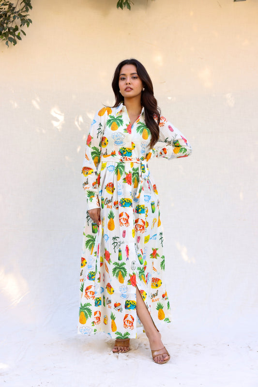 Colorful print shirt style maxi dress
