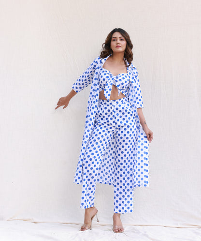 Blue Polka Dot Crop Top Co-ord Set with Shrug and Pants