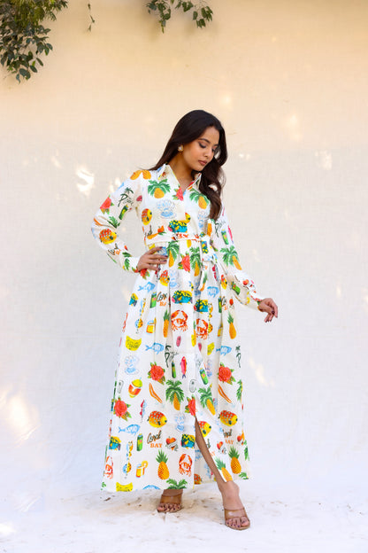 Colorful print shirt style maxi dress