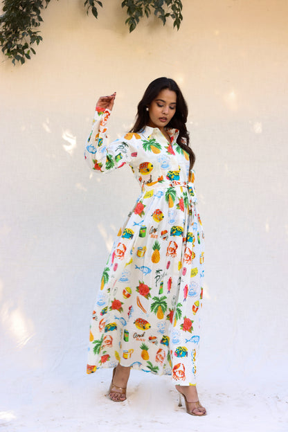 Colorful print shirt style maxi dress