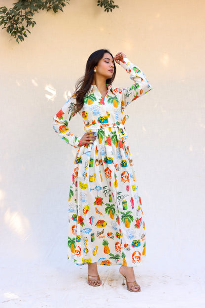 Colorful print shirt style maxi dress