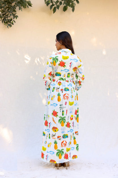 Colorful print shirt style maxi dress