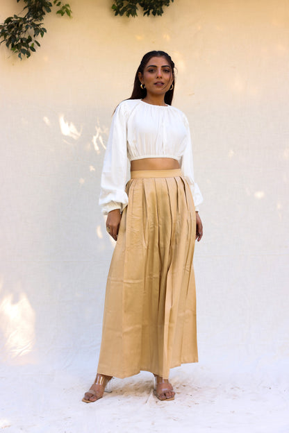 Off white top with beige skirt set