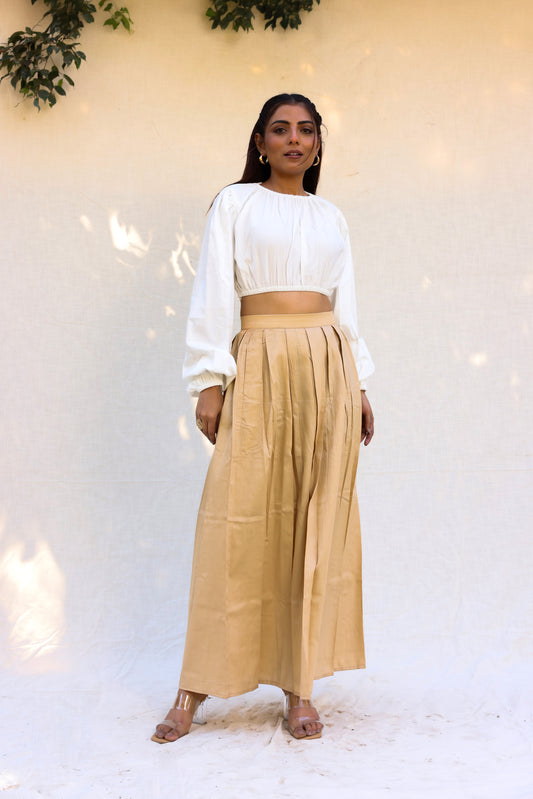 Off white top with beige skirt set