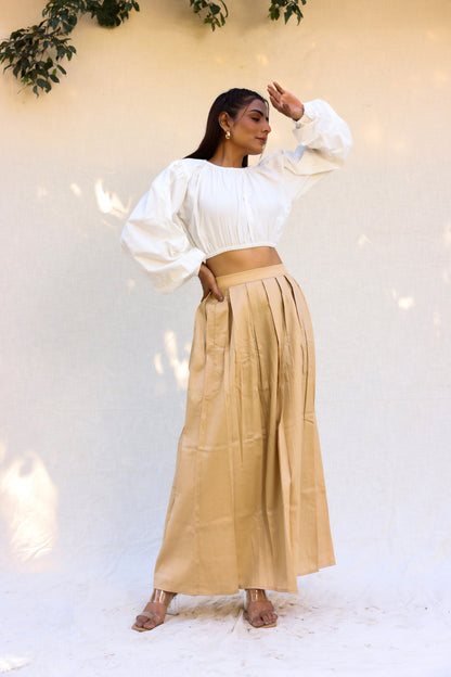 Off white top with beige skirt set