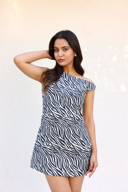 Zebra print one side off shoulder short dress