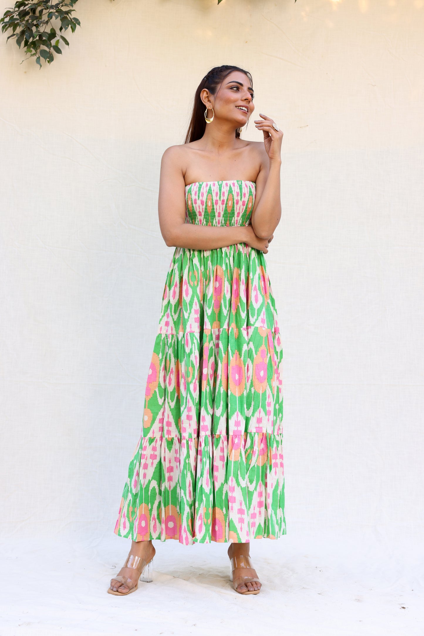 Trippy print green tube dress