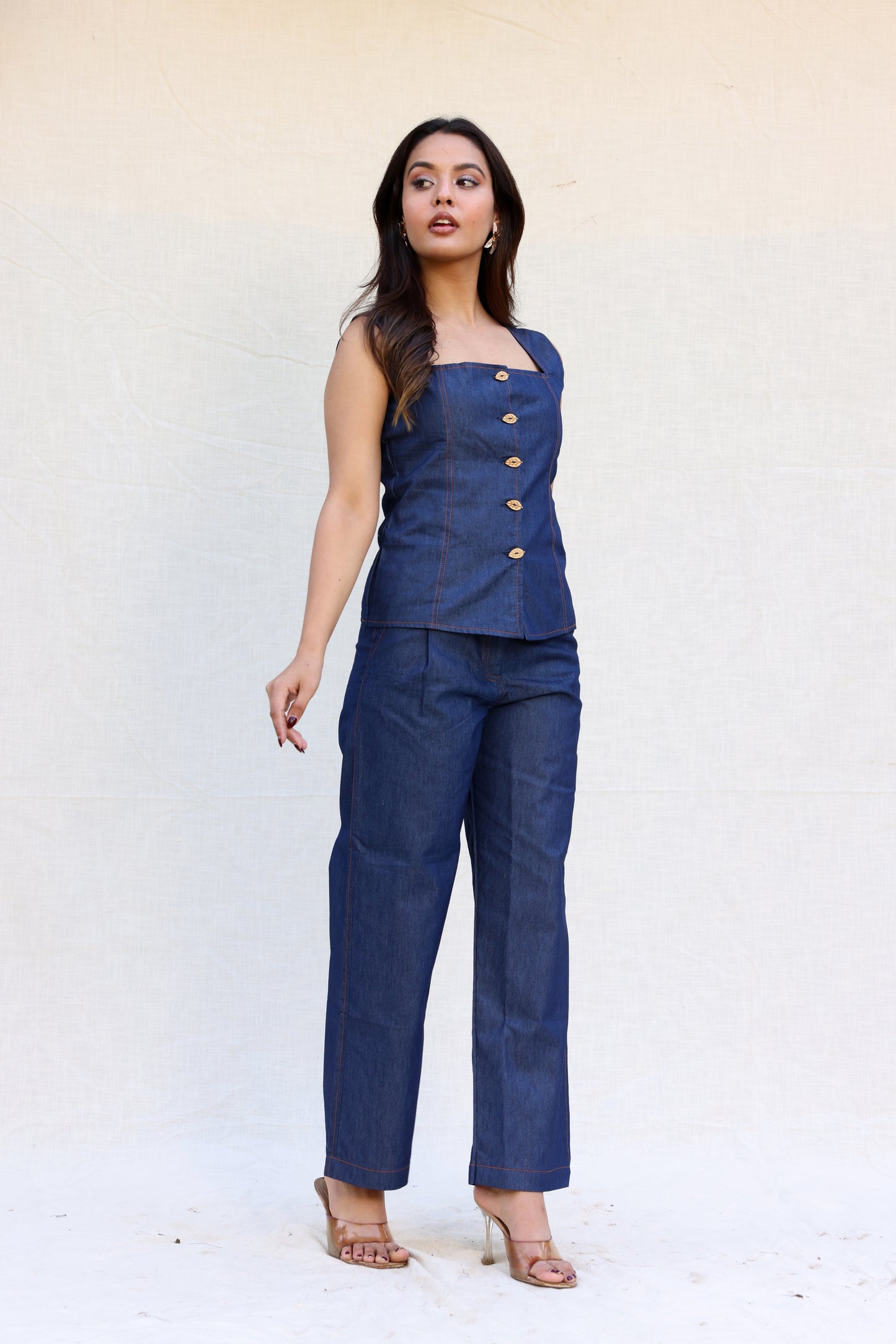 Square neck top with straight pants denim set