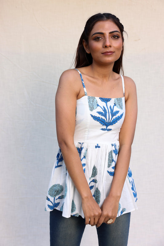 Block printed strappy peplum top