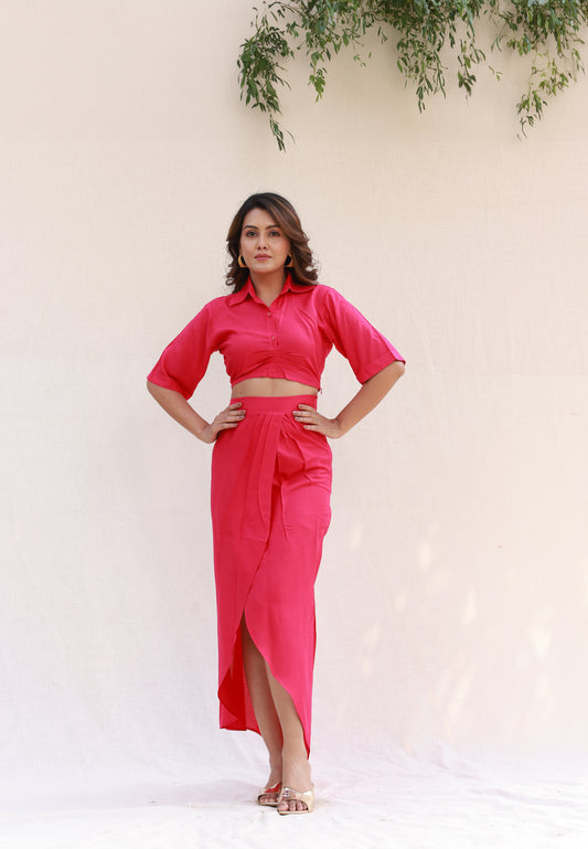 Hot pink cropped shirt with overlap pleated skirt co-ord set