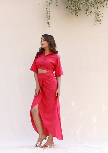 Hot pink cropped shirt with overlap pleated skirt co-ord set