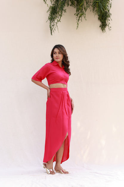 Hot pink cropped shirt with overlap pleated skirt co-ord set