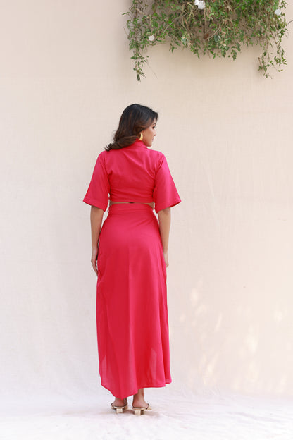 Hot pink cropped shirt with overlap pleated skirt co-ord set