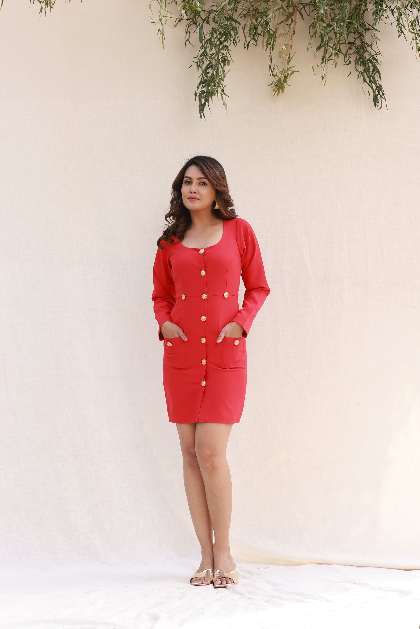 Red bodycon dress with gold buttons