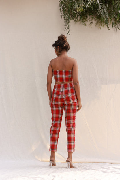 Red checkered tube top with straight pants co-ord set