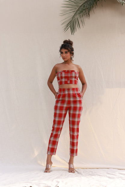 Red checkered tube top with straight pants co-ord set