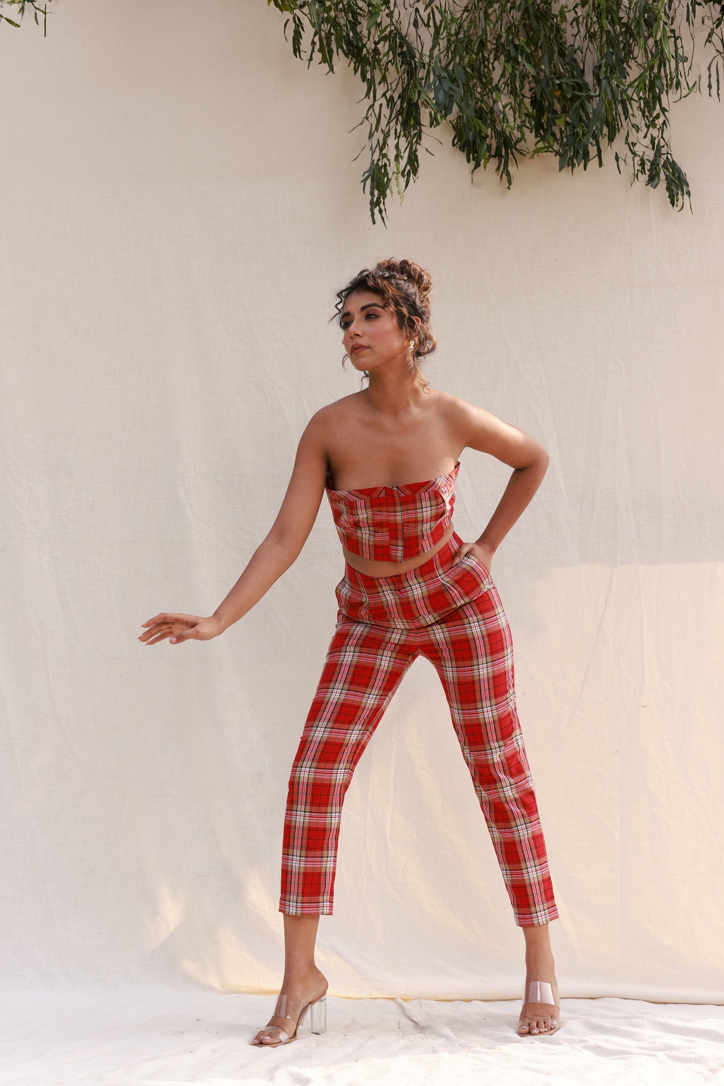 Red checkered tube top with straight pants co-ord set