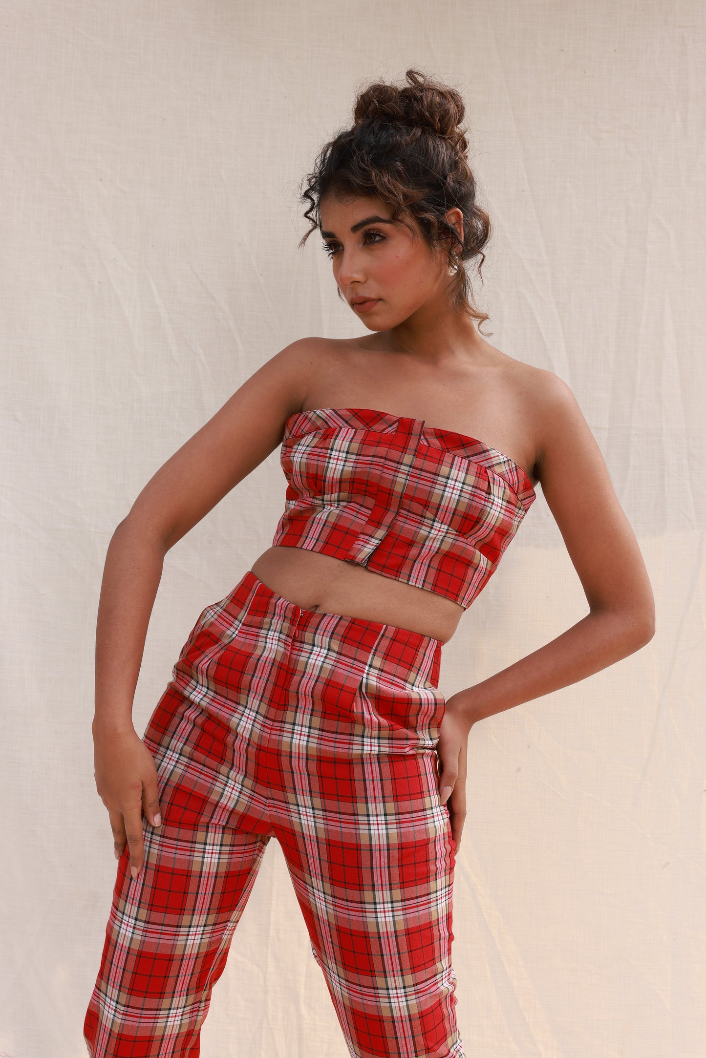 Red checkered tube top with straight pants co-ord set