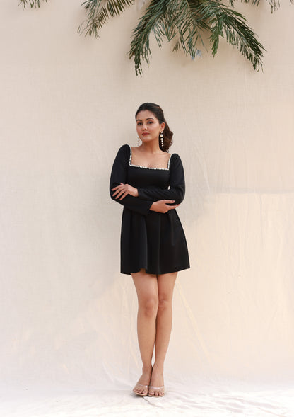 Beaded neck black shift dress