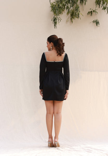 Beaded neck black shift dress