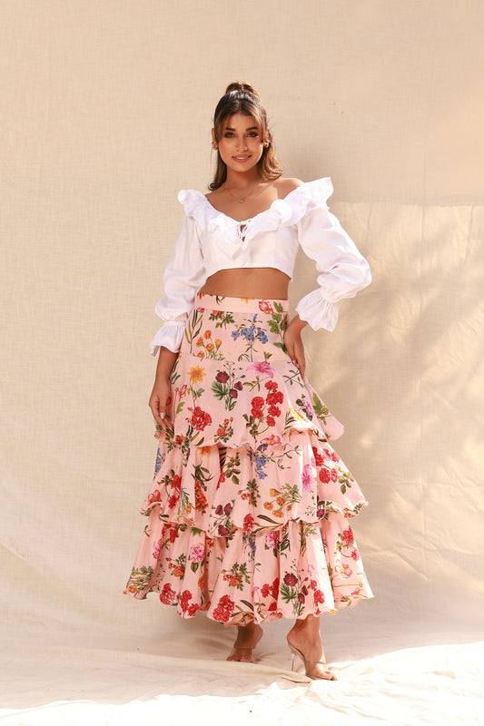 Floral Printed Layred Skirt with Off Shoulder White Crop Top Co-ord Set