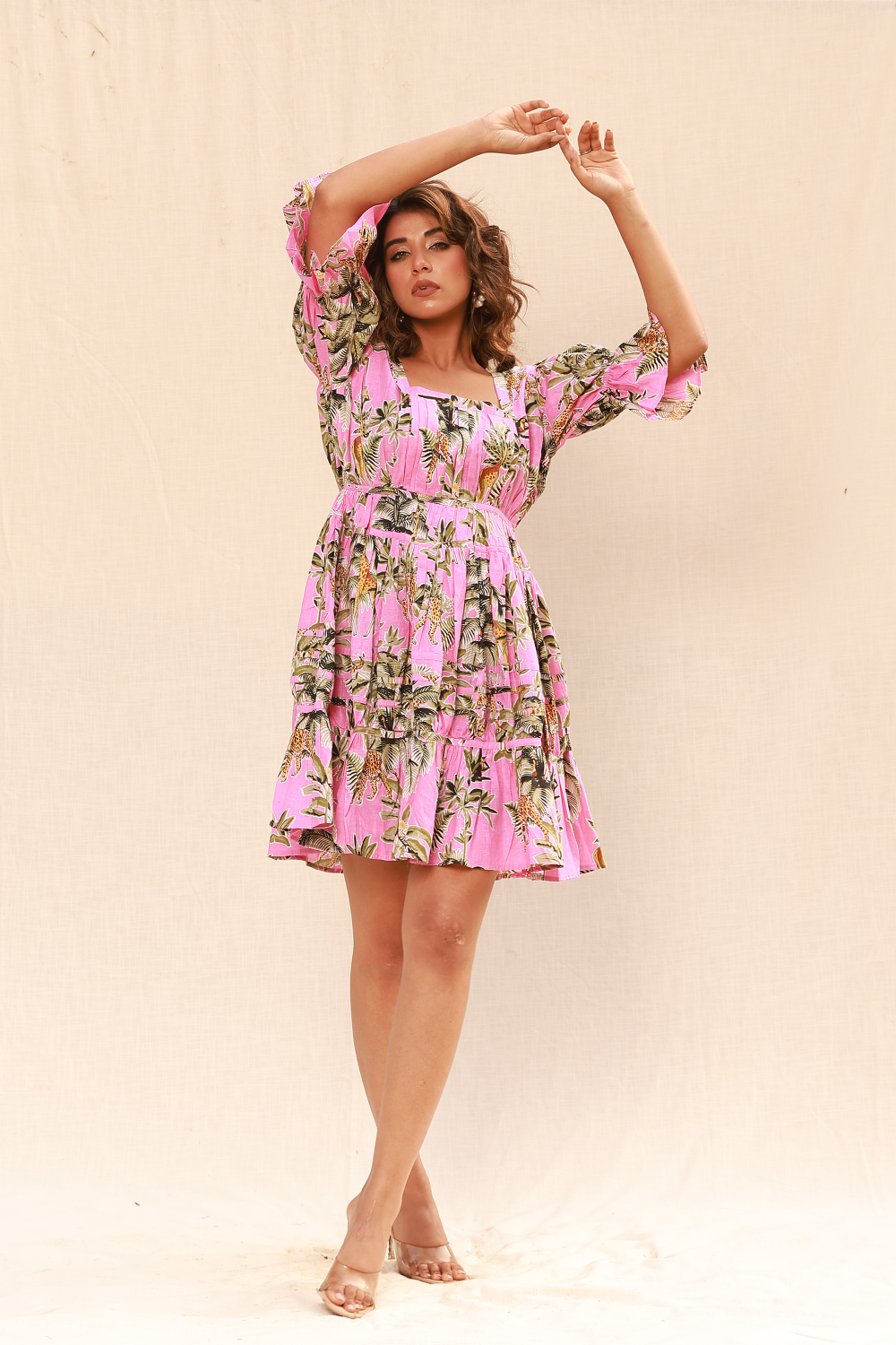 Light pink forest print tier short dress Moonstruck Light pink forest print tier short dress Moonstruck
