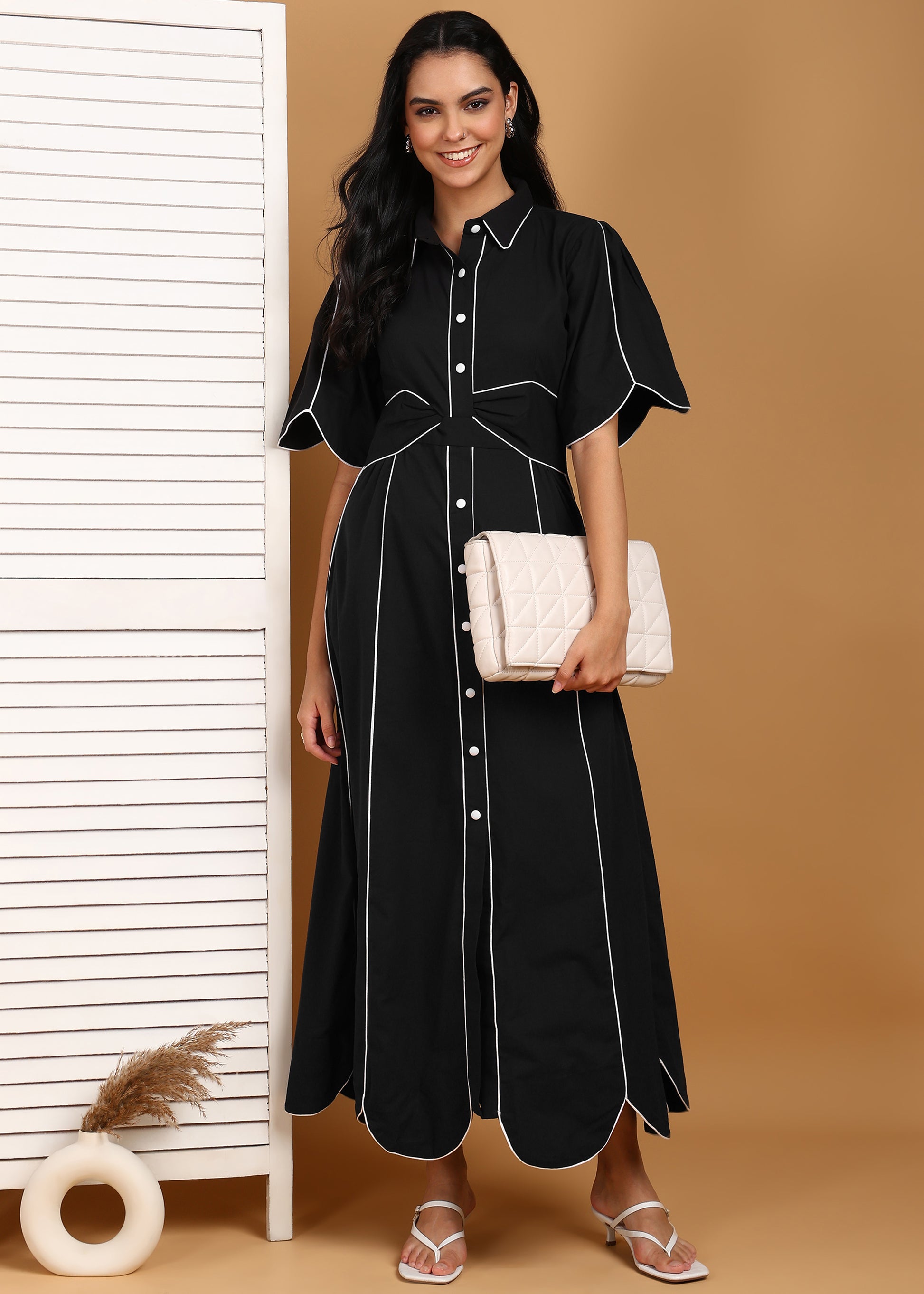 Midnight Elegance Contrast-Stitch Shirt Style Dress Moonstruck Midnight Elegance Contrast-Stitch Shirt Style Dress Moonstruck