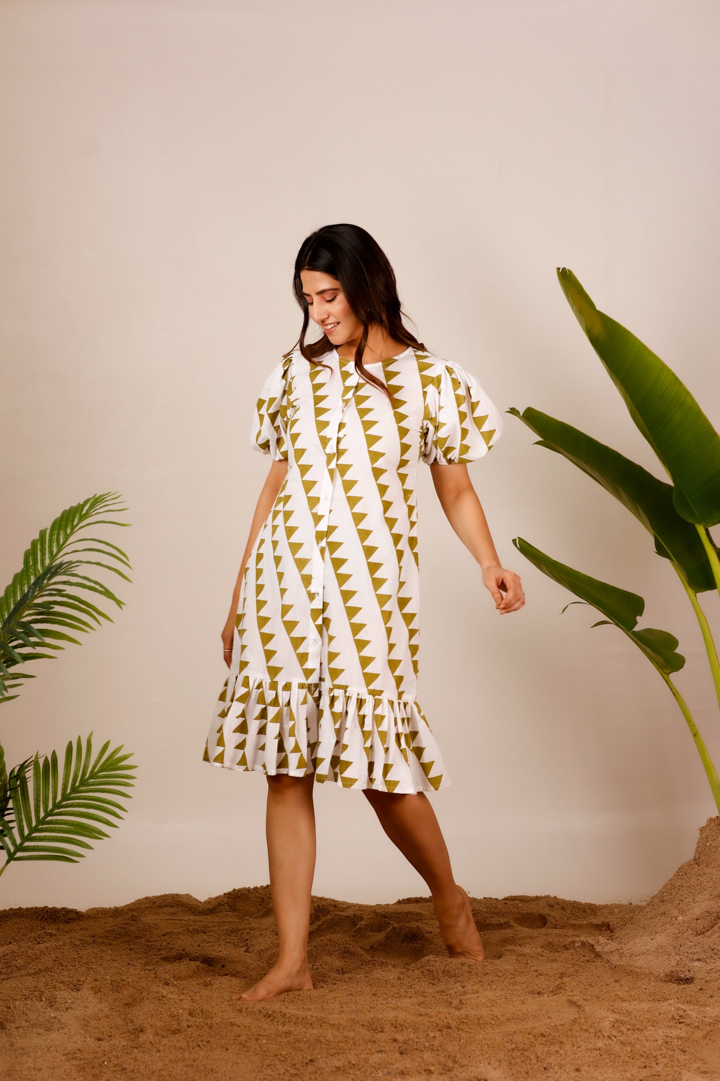 Cotton triangle print midi dress