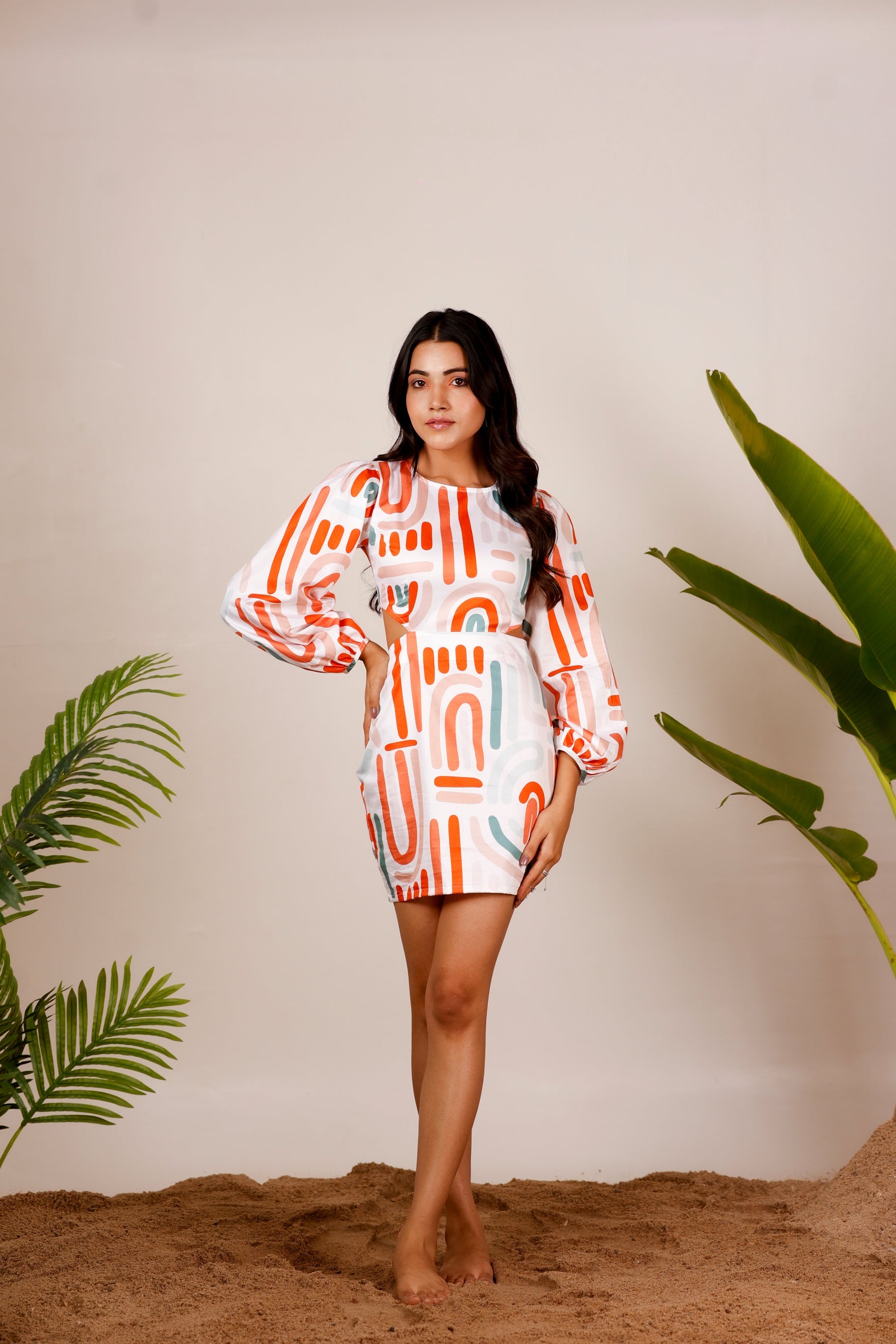 Side waist cut-out printed cotton dress MoonStruck