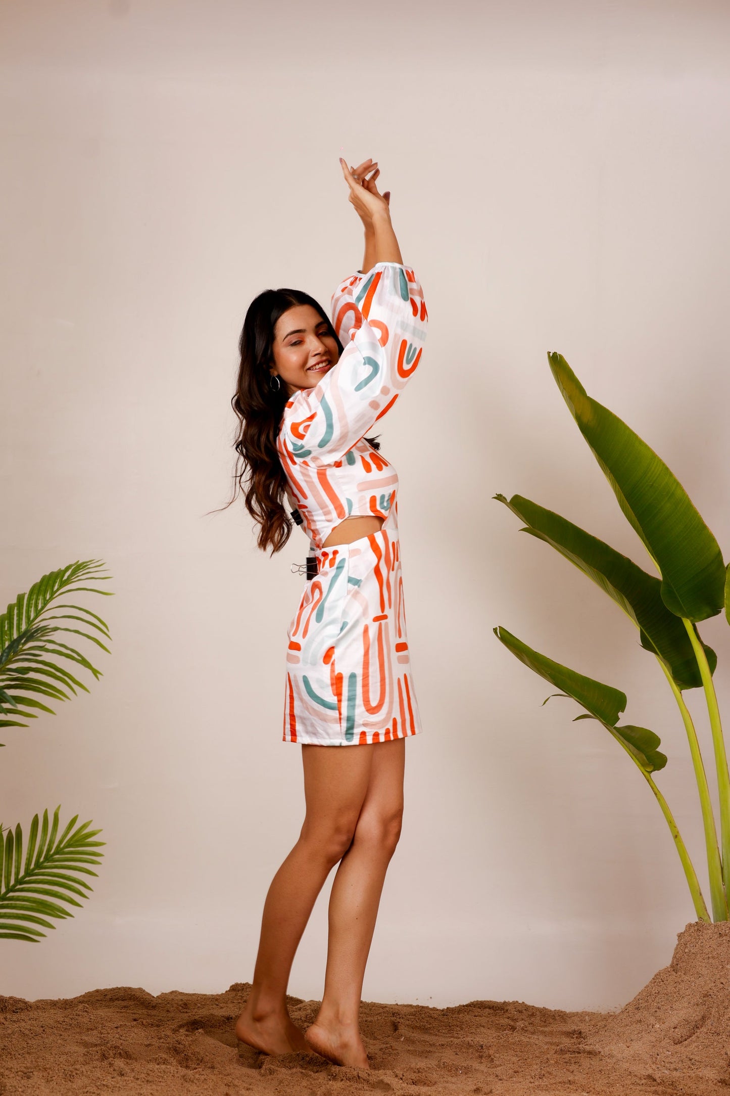 Side waist cut-out printed cotton dress MoonStruck